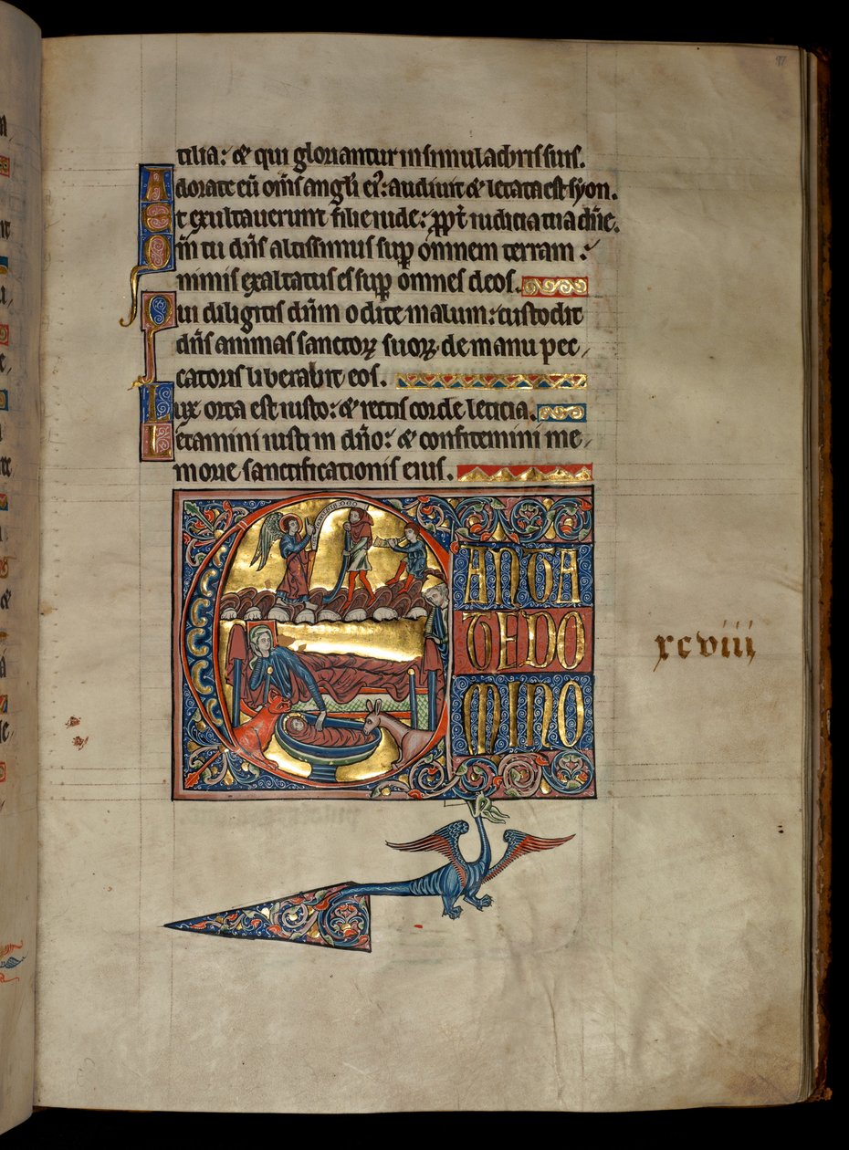 Ms 322 f.97r, Žalm 97, iniciála C, Zvěstování pastýřům, ilustrace z 