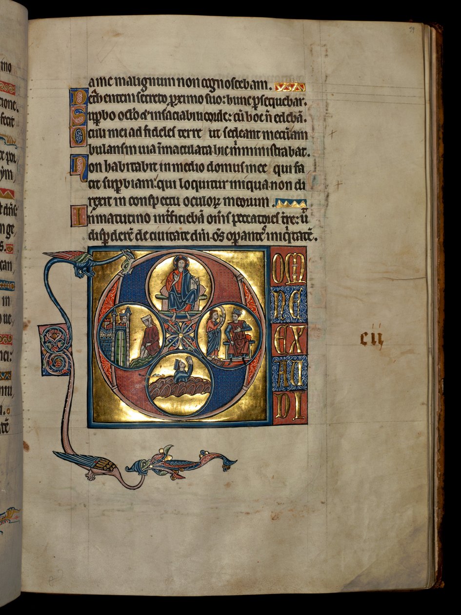 Ms 322 f.99r, Žalm 101, iniciála D, Kristus žehná, David hledí na Batšebu, Nátan kárá Davida a modlícího se kajícníka Davida, ilustrace z 