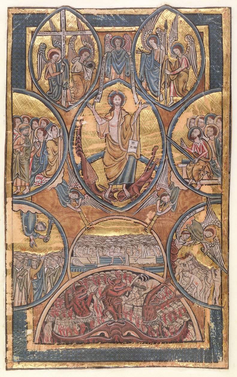 Ms 330 f.3 Poslední soud s autoportrétem osvětlovače zachráněného jeho andělem strážným z žaltáře, kolem roku 1240 od William de Brailes  