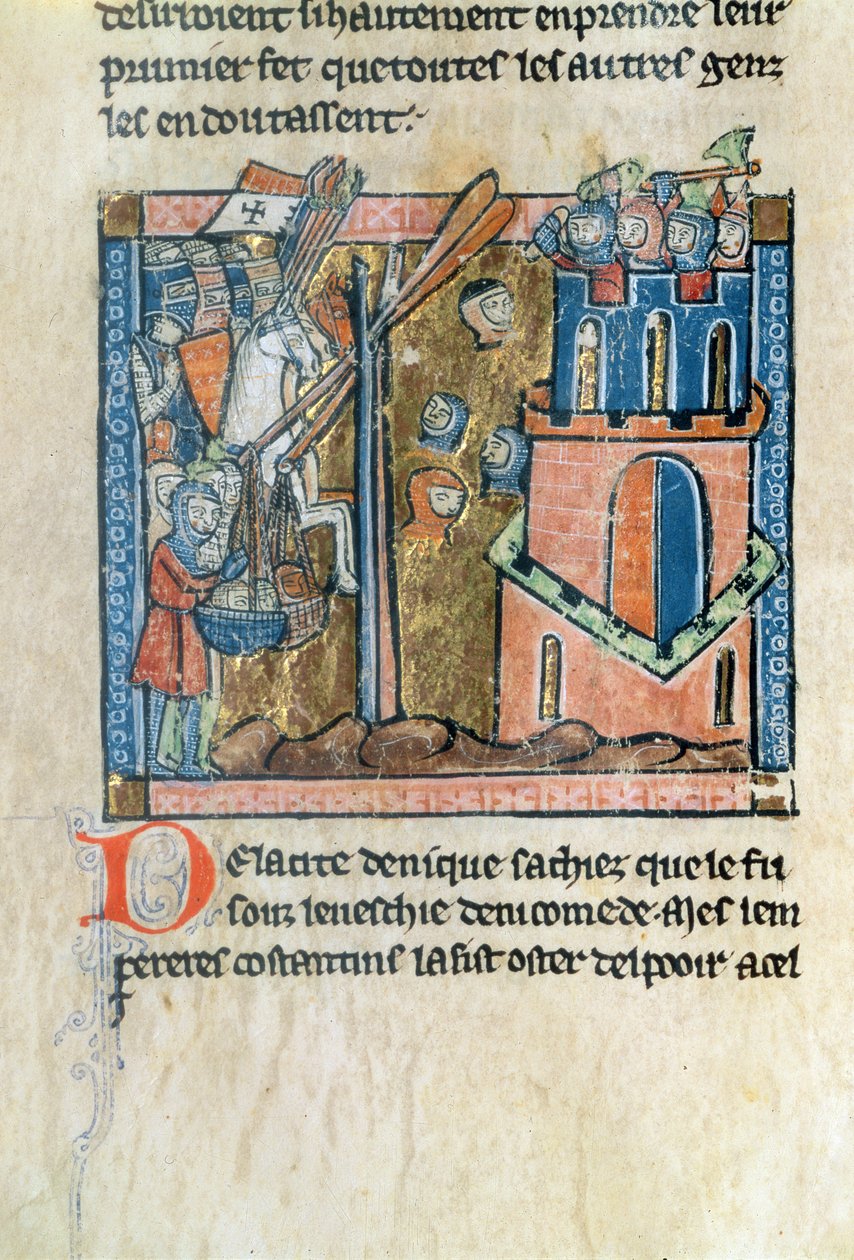 Fr.2630 f.22v Křižáci bombardují Nicaea hlavami v roce 1097, z Estoire d