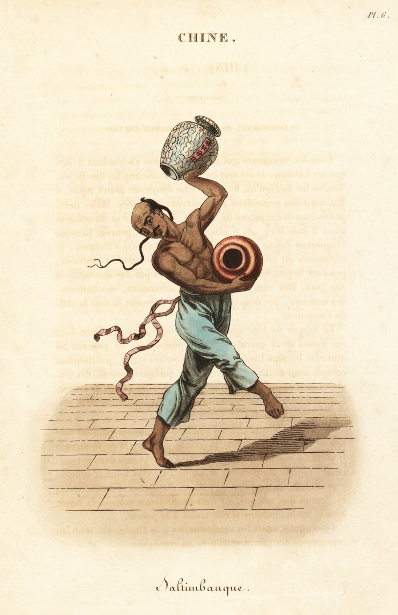 Čínský žonglér tančí a žongluje se dvěma velkými vázami. od William (after) Alexander