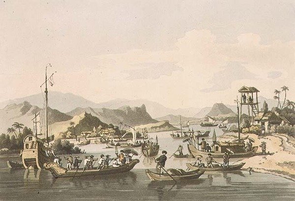 Cochin-Chinese Shipping on the River Taifo, plate 15 from „A Voyage to Cochinchina“ od Johna Barrowa (1764-1848), vyryto Thomasem Medlandem (1755-1823) 1806 (akvatinta) od William (after) Alexander