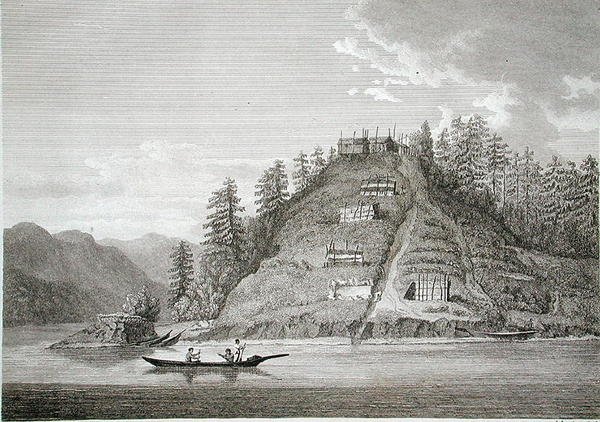 Vesnice přátelských indiánů u vjezdu do Buteova kanálu, rytina J. Landseera, asi 1790-99 (rytina) od William (after) Alexander
