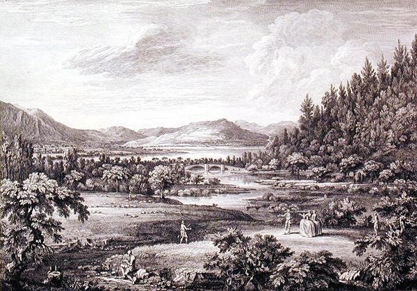 Pohled z Ullswater směrem k Pooley Bridge, vyrytý Chatelinem a Cannotem (rytina) od William (after) Bellers