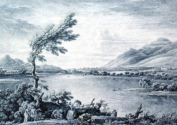Pohled na Derwentwater z Vicars Island směrem na Skiddaw, vyrytý Chatelinem a Grignionem (rytina) od William (after) Bellers
