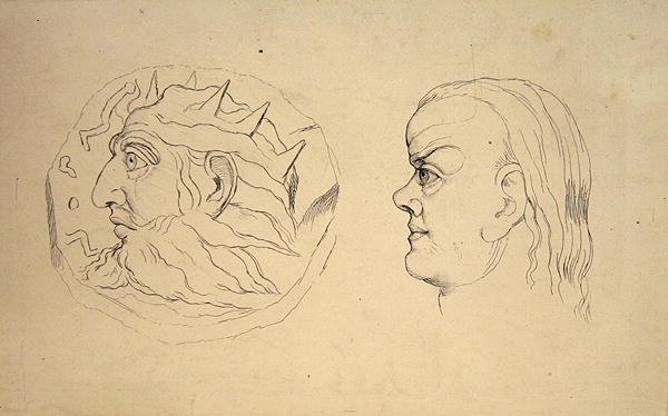 Líc mince Nabuchodonozora a hlavy Raka, z „Pojednání o zodiakální fyziognomii“ J. Varleyho, vyryl John Linell od William (after) Blake