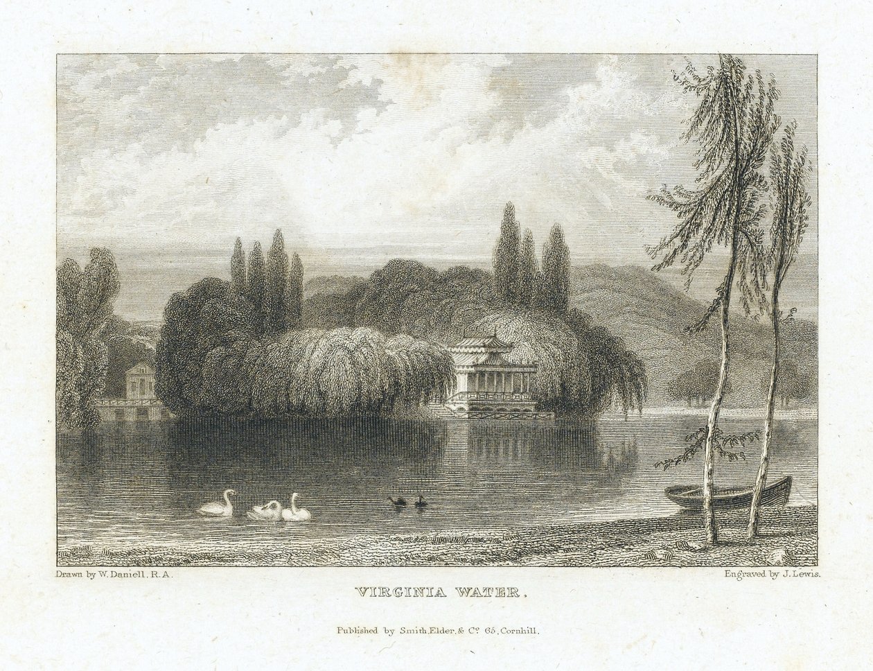 Virginia Water, jezero Surrey (Anglie), poblíž Windsoru, pohled na čínský pavilon obklopený stromy na ostrově uprostřed jezera. Rytina J. Lewise podle Williama Daniella (1769-1837). od William (after) Daniell