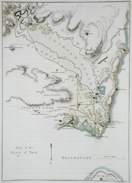 Mapa Trojské pláně z „Topografie Tróje a jejího okolí“, vyrytá Thomasem Medlandem (1755-1823), vydaná v roce 1804 (barevná rytina) od William (after) Gell