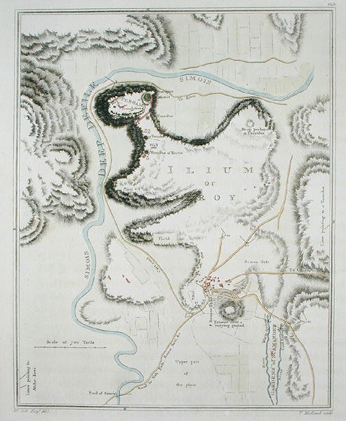 Plán města Tróje z „Topografie Tróje a jejího okolí“, vyrytý Thomasem Medlandem (1755-1823) vydaný v roce 1804 (barevná rytina) od William (after) Gell