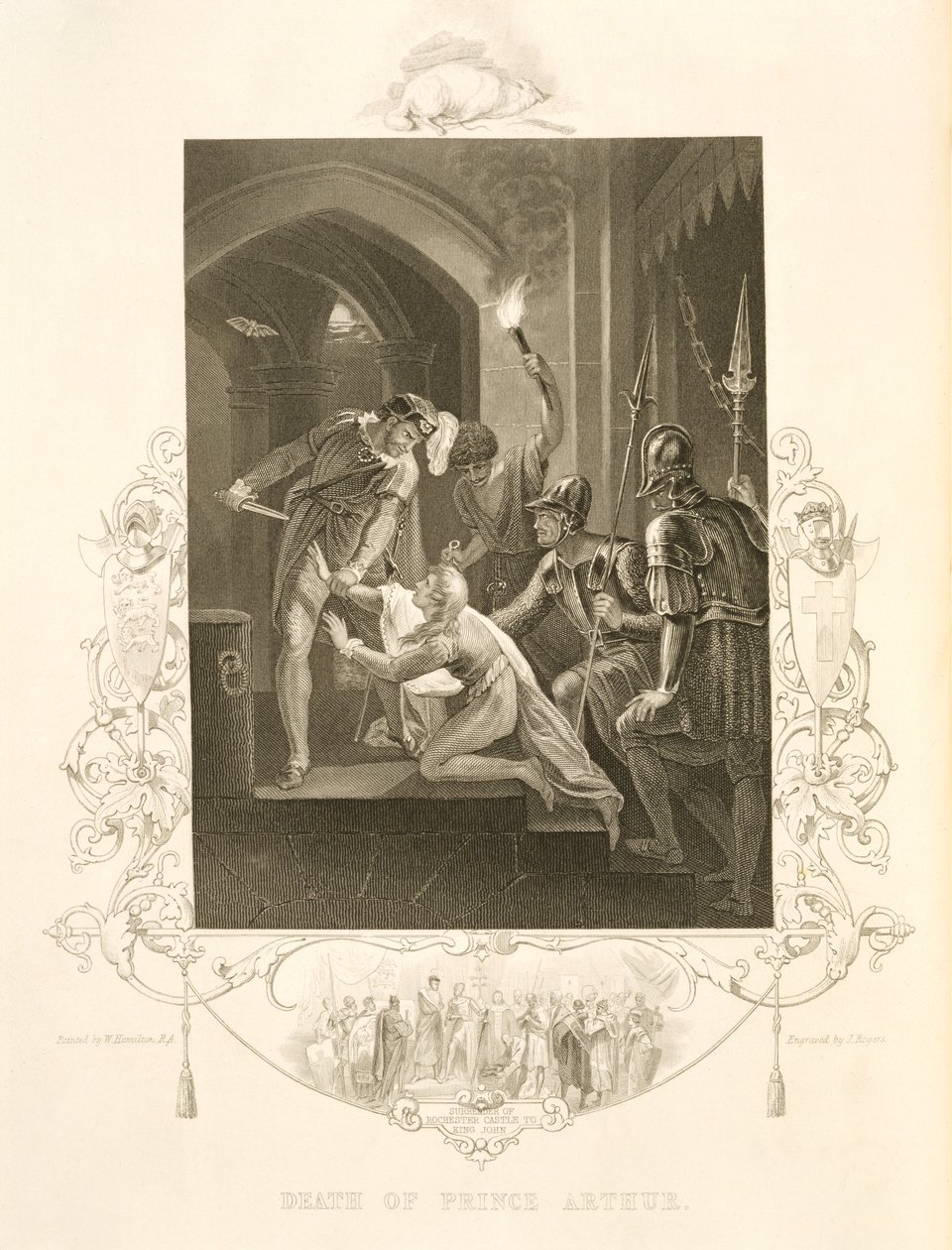 Smrt prince Artuše, v Králi Janovi od Williama Shakespeara (1564-1616), rytina J. Rogerse (rytina) od William (after) Hamilton