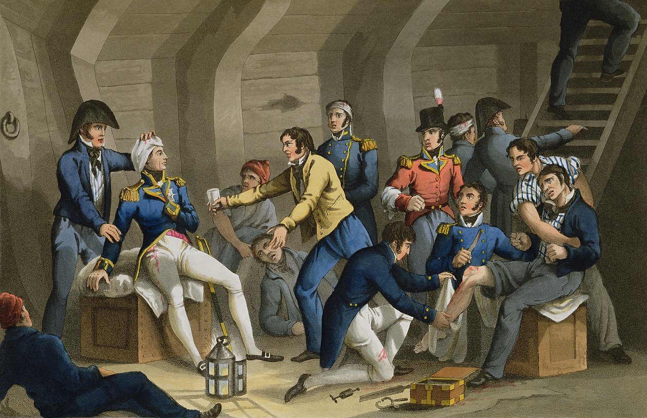 Kokpit, bitva na Nilu, zobrazující Nelsona zraněného v bitvě, vyrytý Matthew Dubourgem (fl. 1813-20) z 