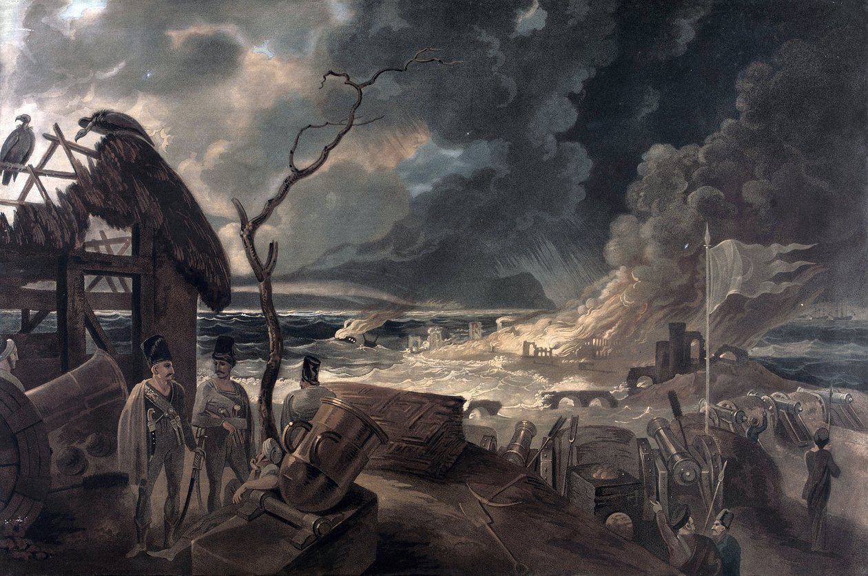 Důsledky války, scéna s vojáky a děly. Barevný tisk podle obrazu Williama Hodgese (1744-1797). od William (after) Hodges