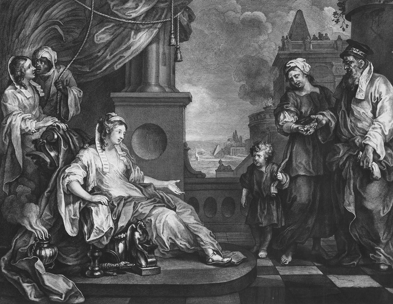 Mojžíš přinesl faraonově dceři, kolem roku 1752 (rytina) od William (after) Hogarth