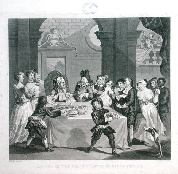 Sancho na hostině hladověl svým lékařem, vyryto Thomasem Cookem (1744-1818) (rytina) od William (after) Hogarth