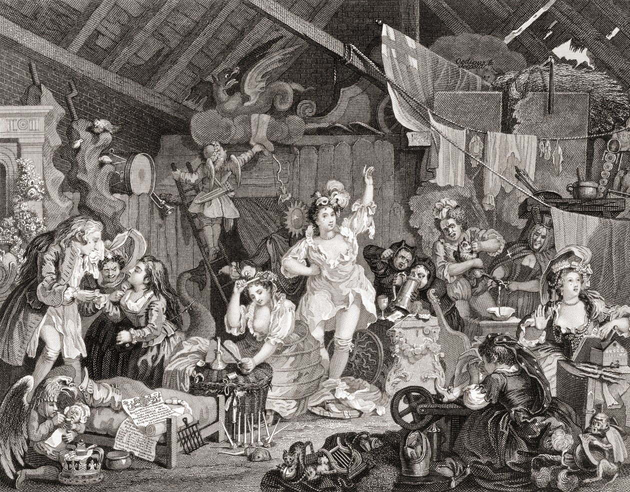 Strolling Players reheating in a Barn, vyrytý G Presbury, z The Works of Hogarth publikovaných v Londýně 1833 (č/b rytina) od William (after) Hogarth