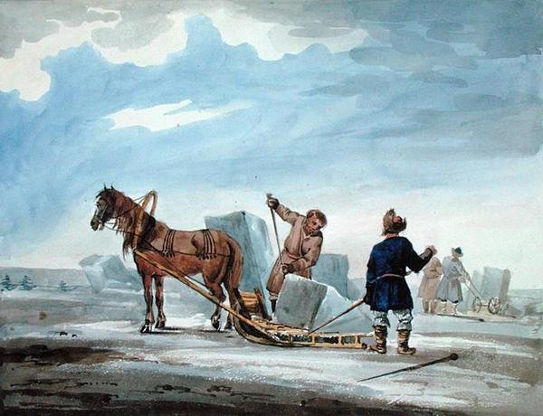 Přeprava ledu Horsedrawn Sledge, z „Cesta z Moskvy do Konstantinopole v letech“ od William (after) MacMichael