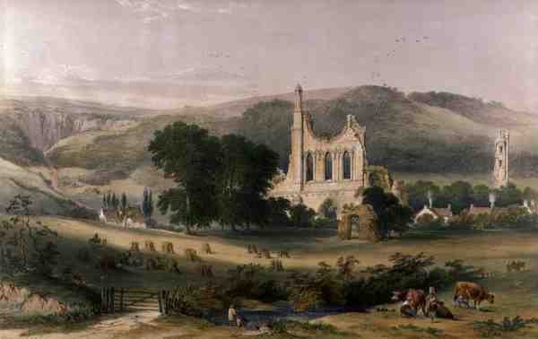 Byland Abbey z jihozápadu, z 