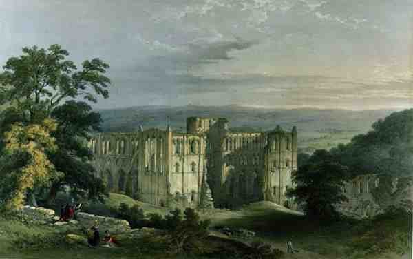 Opatství Rievaulx v Žitném údolí, z „Klášterních zřícenin Yorkshire“, vyryl George Hawkins od William (after) Richardson