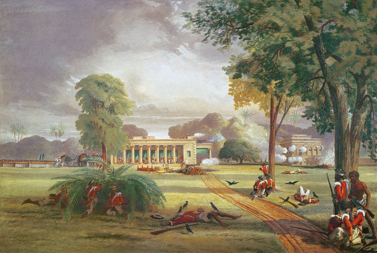 Obrana domu Arrah v roce 1857 (barva lito) od William (after) Taylor