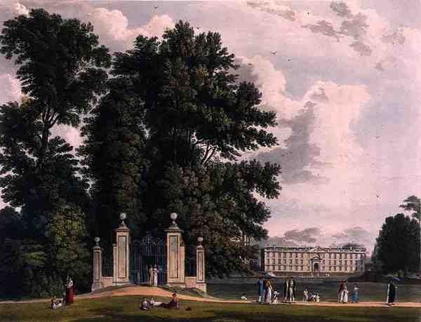 Vchod na Avenue z Clare Hall Piece (Nová budova králů), Cambridge, z 