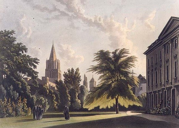 Exteriér Corpus Christi College a Christ Church Cathedral, ilustrace z 