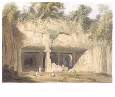 Exteriér Velkého jeskynního chrámu Elephanta, poblíž Bombaje, v roce 1803, ze svazku II „Scenérie, kostýmy a architektura Indie“, vyryl S.G. Hughes, hospoda. od Smith, Elder and Company od William (after) Westall