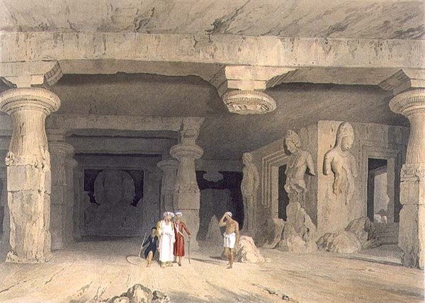 Interiér Velkého jeskynního chrámu Elephanta, poblíž Bombaje, v roce 1803, ze svazku II „Scenérie, kostýmy a architektura Indie“, vyryl J. Baily, hospoda. od Smith, Elder and Company od William (after) Westall