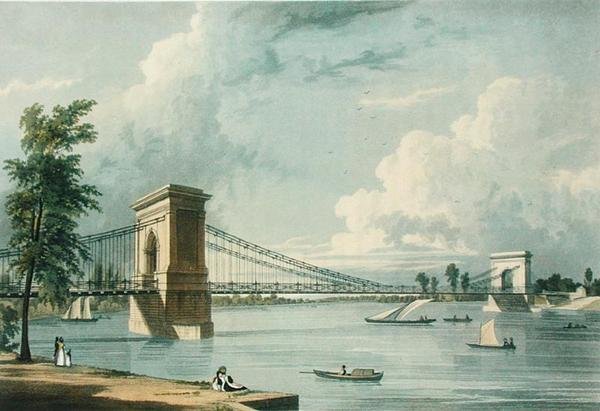 Visutý most, Hammersmith, z Ackermannova „Microcosm of London“, vyryl J. Baily od William (after) Westall