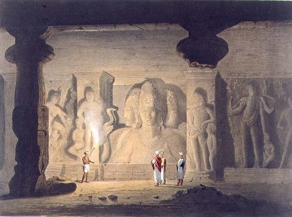 Velká triáda v jeskynním chrámu Elephanta, poblíž Bombaje, v roce 1803, ze svazku II „Scenérie, kostýmy a architektura Indie“, vyryl T. Edge, hospoda. od Smith, Elder and Company od William (after) Westall