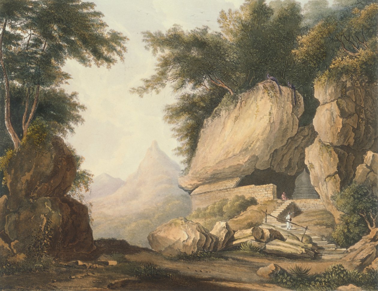 Ermitáž na Kurrungalle na Cejlonu, z kresby kapitána Charlese Aubera z oddělení generálního velitele čtvrti, vyryla R.G. Rychtář (fl.1811-37) hospoda. od Smith, Elder and Company (litho) od William (after) Westall