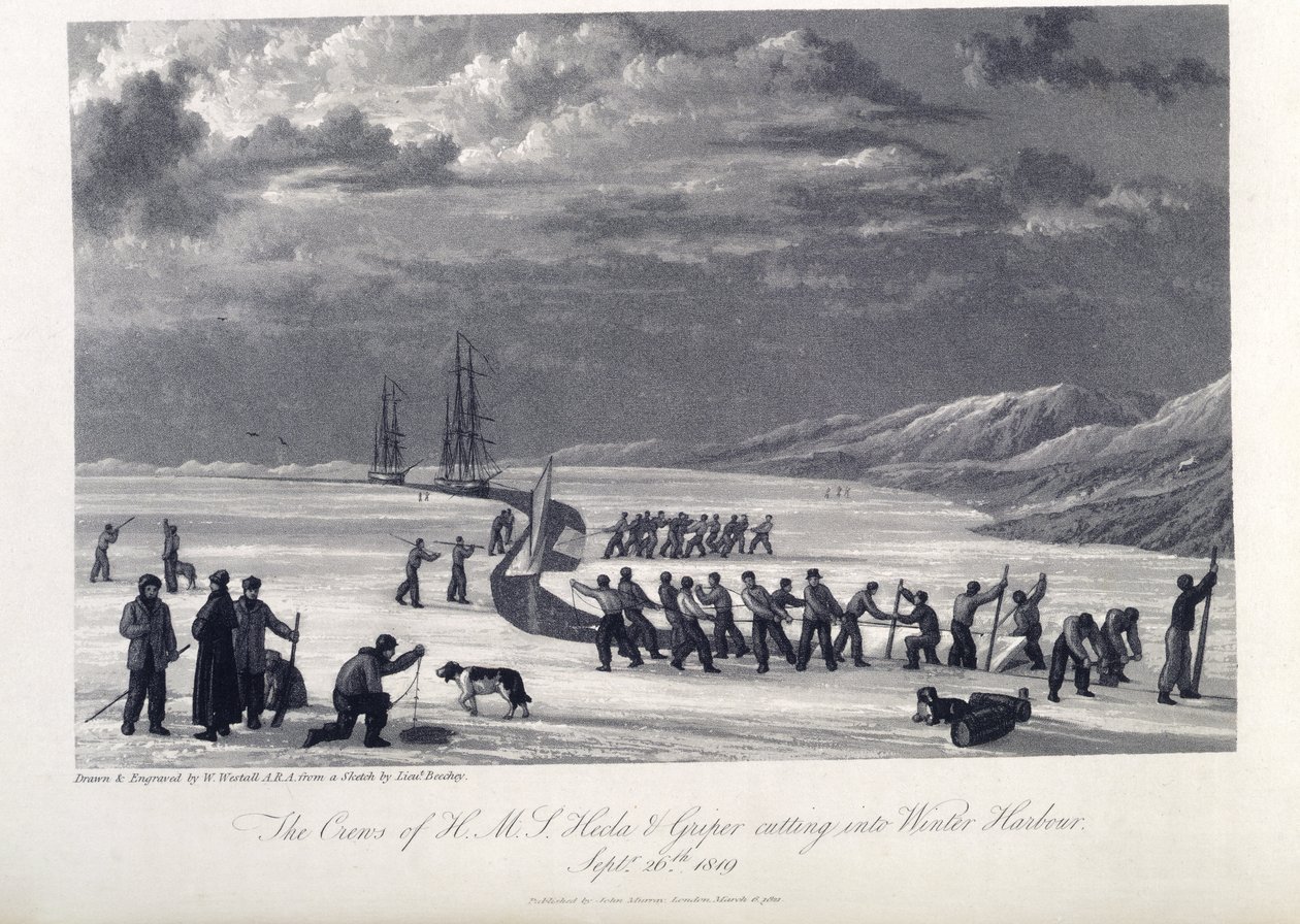 Posádka H.M.S. Hecla a Griper zasahující do zimního přístavu, 26. září 1819, ilustrace z 