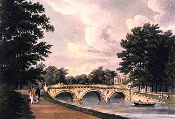 Most Trinity College, Cambridge, z knihy "The History of Cambridge", vyryl Joseph Constantine Stadler (fl.1780-1812), vyd. R. Ackermann od William (after) Westall