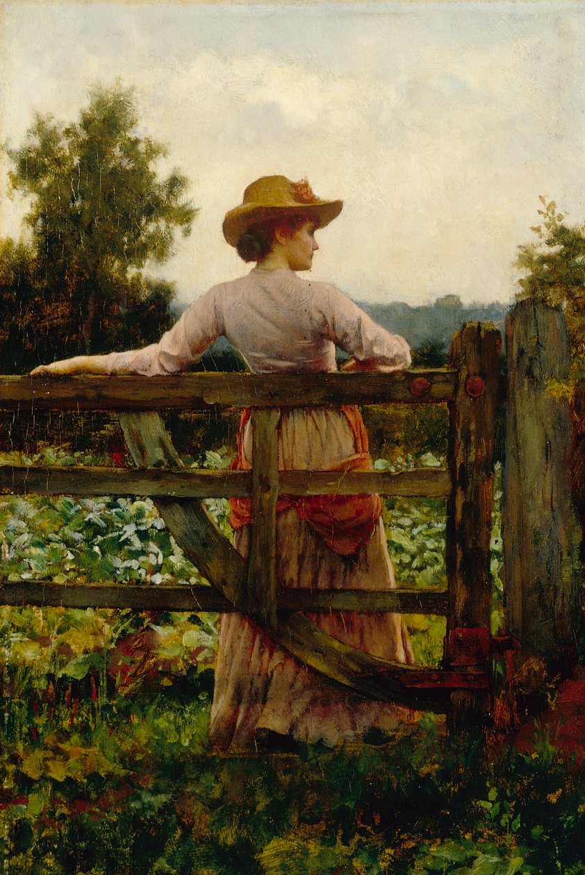 Trysting Place, Žena opírající se o bránu (olej na panelu) od William A. Breakspeare