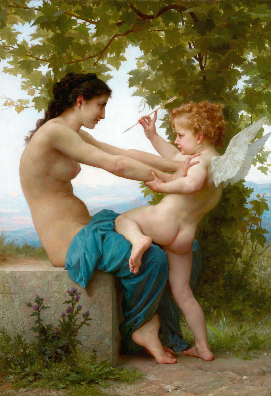 Francouzsky: Jeune fille se défendant contre Éros Mladá dívka se brání proti Erosu od William Adolphe Bouguereau