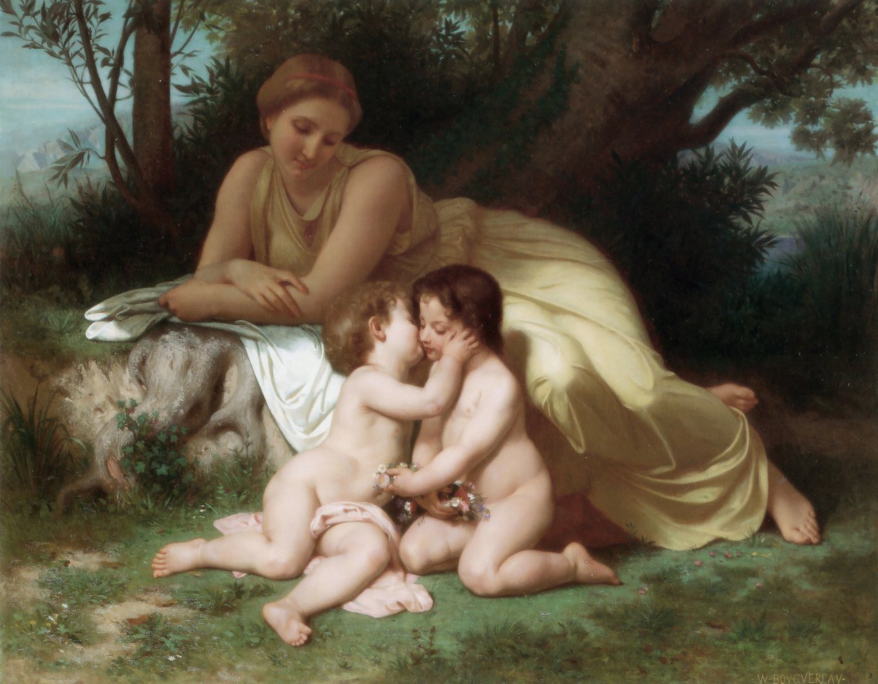 Mladá žena uvažuje o dvou objímajících se dětech od William Adolphe Bouguereau
