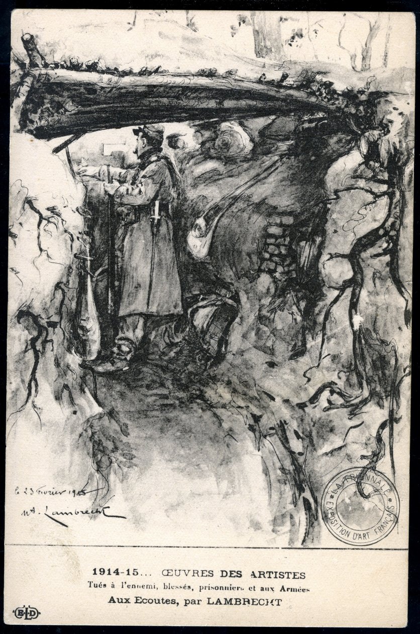 První světová válka - válka 14-18 (1914-1918) - první světová válka (WWI nebo WW1): Francie, vlastenecká mapa zobrazující nákres vojáka v zákopu sledujícího frontovou linii s názvem: 