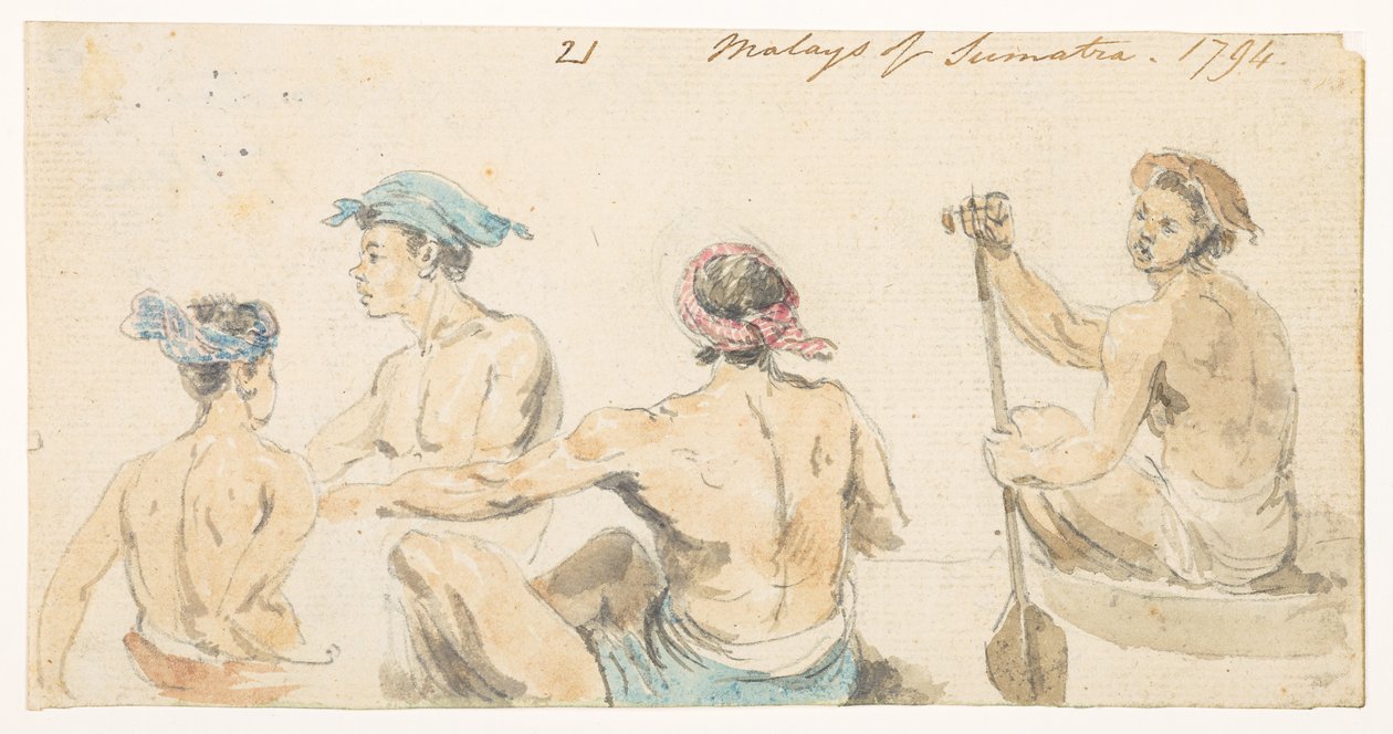 21 21 ‚Malajci ze Sumatry. 1794."  z alba 372 kreseb krajin, pobřeží, kostýmů a každodenního života vytvořených během velvyslanectví lorda Macartneyho u čínského císaře v letech 1792 až 1794 (tužka a akvarel na papíře) od William Alexander