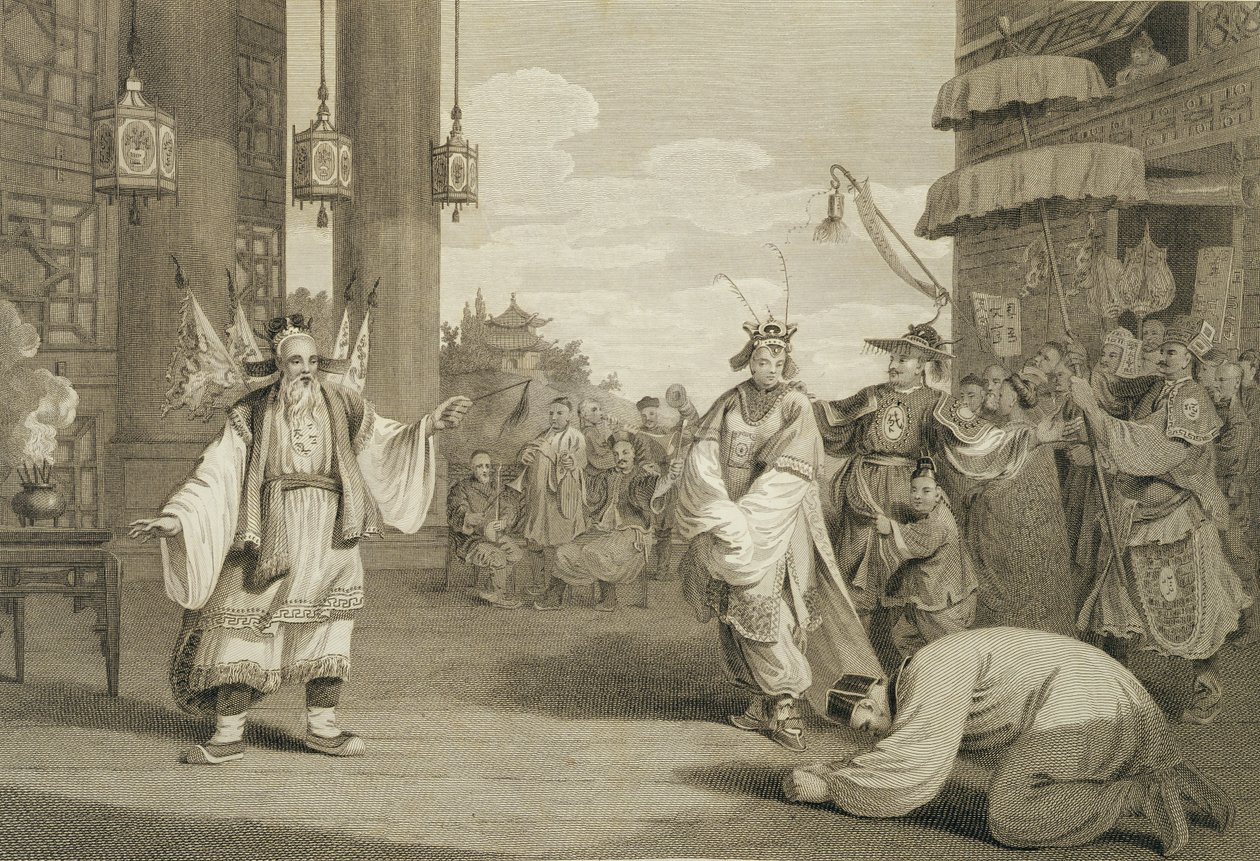 Scéna v historické hře vystavené na čínské scéně, vyryla James Heath (1757-1834) hospoda. G. Nicol, 1796 od William Alexander