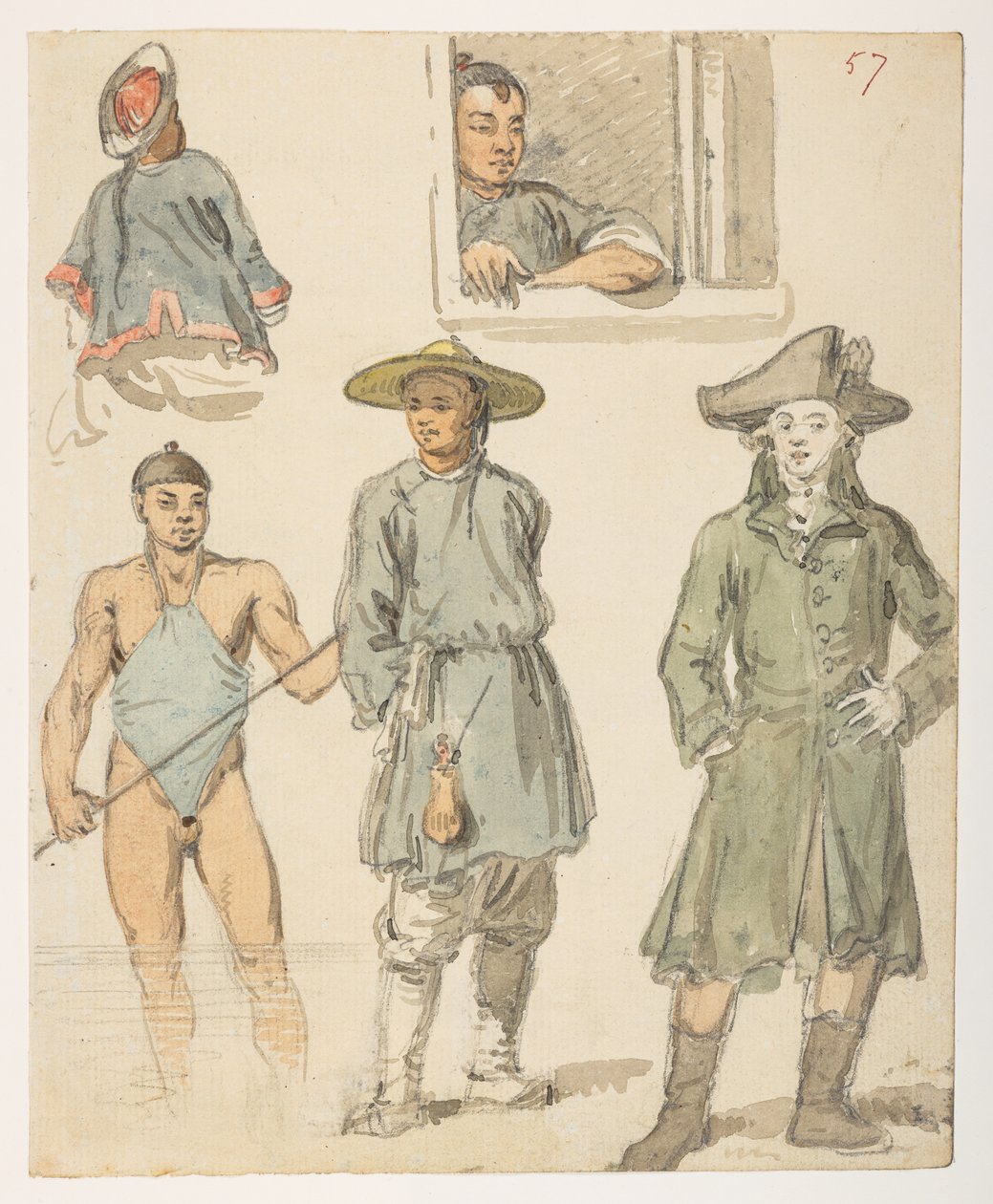 f.11 57 Studie čínštiny,  z alba 372 kreseb krajin, pobřeží, kostýmů a každodenního života vytvořených během velvyslanectví lorda Macartneyho u čínského císaře v letech 1792 až 1794 (tužka a akvarel na papíře) od William Alexander