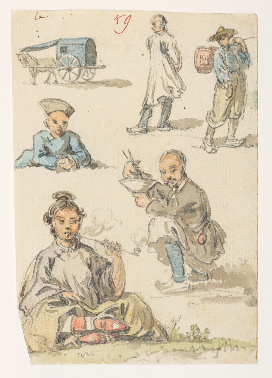 f.11 59 Studie čínštiny,  z alba 372 kreseb krajin, pobřeží, kostýmů a každodenního života vytvořených během velvyslanectví lorda Macartneyho u čínského císaře v letech 1792 až 1794 (tužka a akvarel na papíře) od William Alexander
