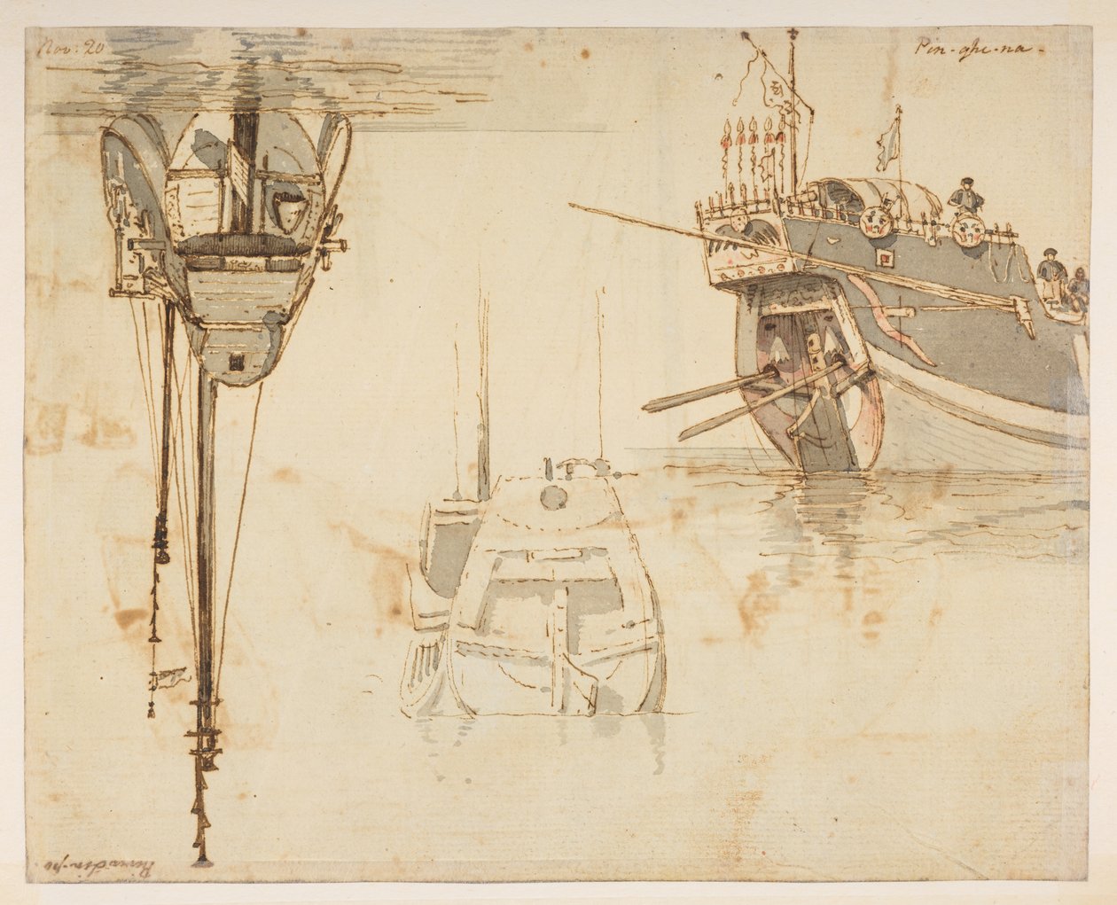 f.58 145v Boat.‘ Řeka Lim-po. 20. listopadu.“  , z alba 372 kreseb krajin, pobřeží, kostýmů a každodenního života vytvořených během velvyslanectví lorda Macartneyho u čínského císaře v letech 1792 až 1794 (tužka a akvarel na papíře) od William Alexander