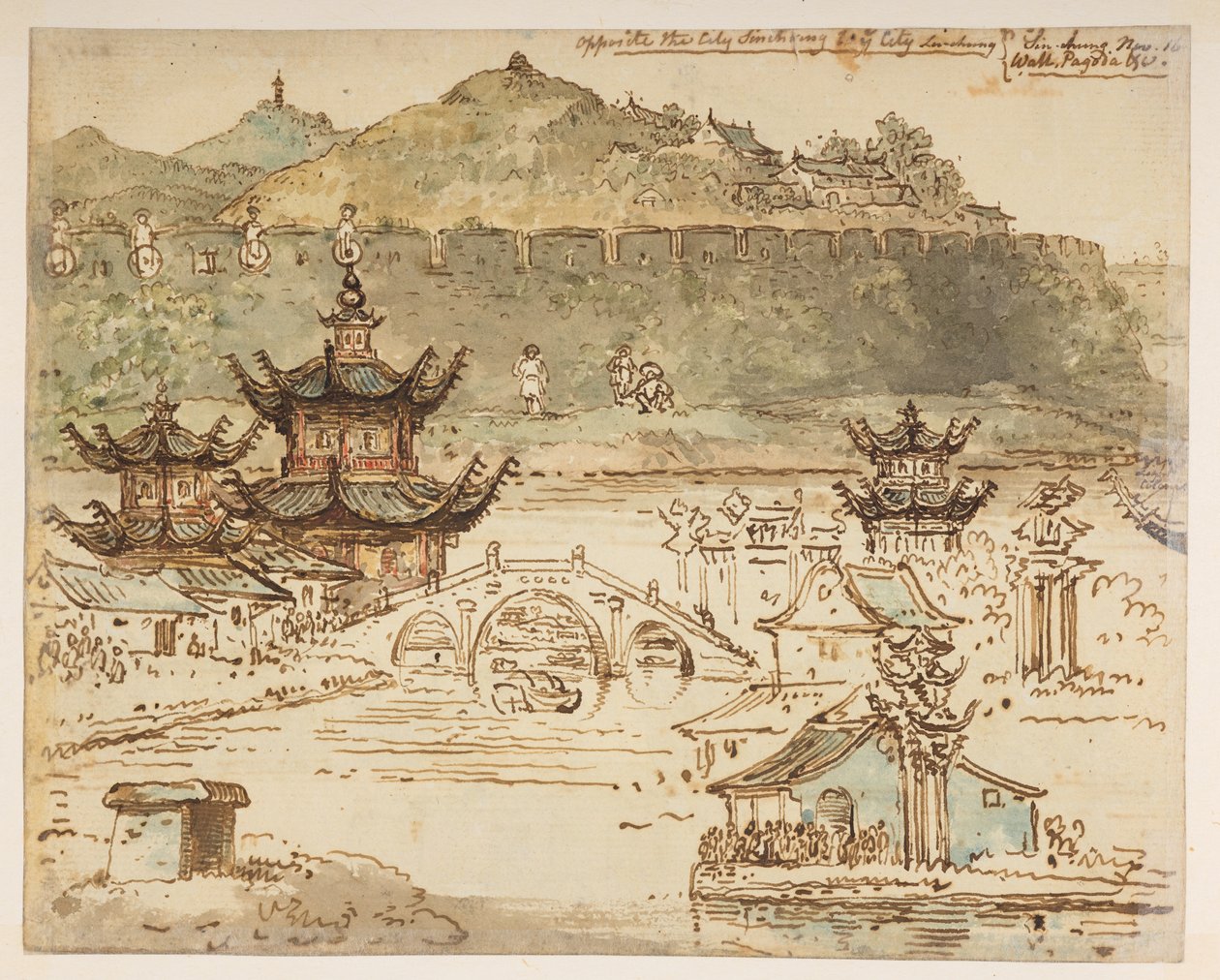 f.59 148v ‘Naproti městu Shin-ring ve městě Liu-shung. Sin-chung 16. listopadu. Zeď, pagoda atd.‘, z alba 372 kreseb krajin, pobřeží, kostýmů a každodenního života vytvořených během velvyslanectví lorda Macartneyho u císaře Číny v letech 179 od William Alexander
