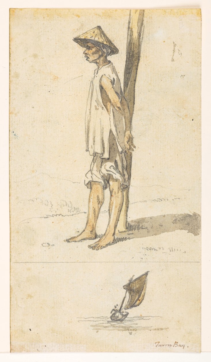 f.5 32v Mladý muž opřený o strom;loď. "Turonský záliv."  z alba 372 kreseb krajin, pobřeží, kostýmů a každodenního života vytvořených během velvyslanectví lorda Macartneyho u čínského císaře v letech 1792 až 1794 (tužka a akvarel na str. od William Alexander