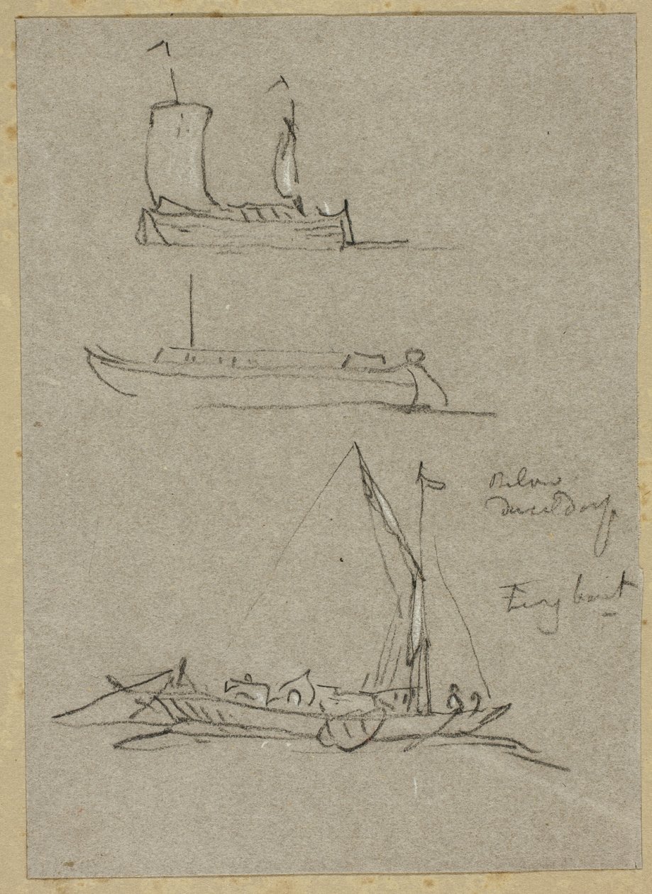 Tři náčrty říčních člunů Düsseldorf od William Alfred Delamotte
