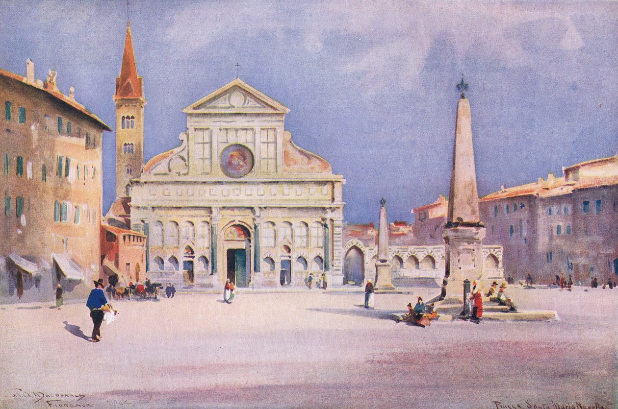 Piazza S. Maria Novella, Florencie, z Hutchinsonovy malebné Evropy vydané nakladatelstvím Hutchinson & Son, kolem roku 1930 (barevné lito) od William Alister Macdonald