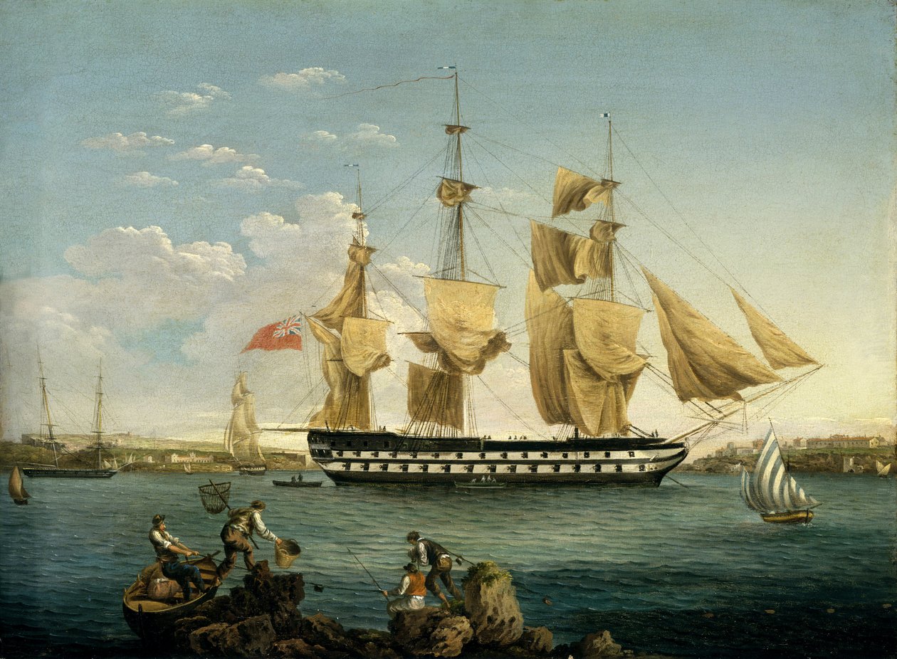 Loď HMS "Duncan" v Mahonu (ostrov Menorca, Španělsko). Olej na dřevě od William Anderson