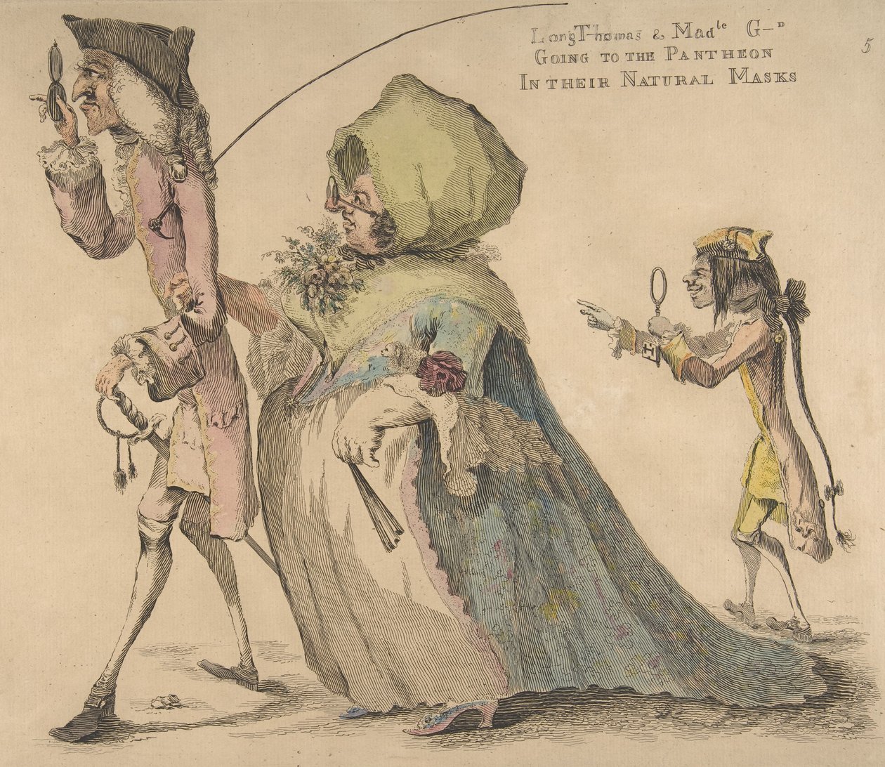 Long Thomas a Mad-le G-d jdou do Pantheonu ve svých přirozených maskách, 1. května 1773. od William Austin