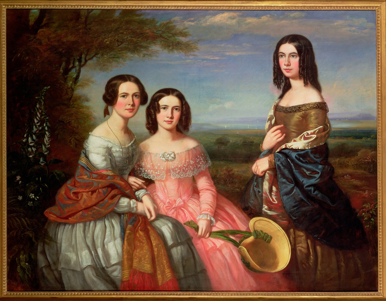 Skupinový portrét tří dívek, tříčtvrteční délka, v krajině, 1849 od William Baker