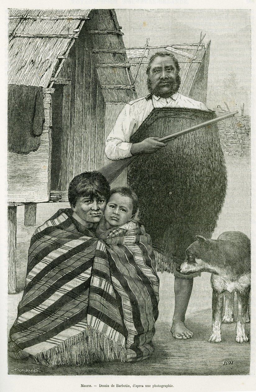 Tři generace Maorů. Rytina od Barbotina, k ilustraci příběhu Voyage a la Nouvelle Zelande, v roce 1889, od G. Verschuura, in le tour du monde 1890, režie Edouard Charton (1807-1890), Hachette, Paříž. od William Barbotin