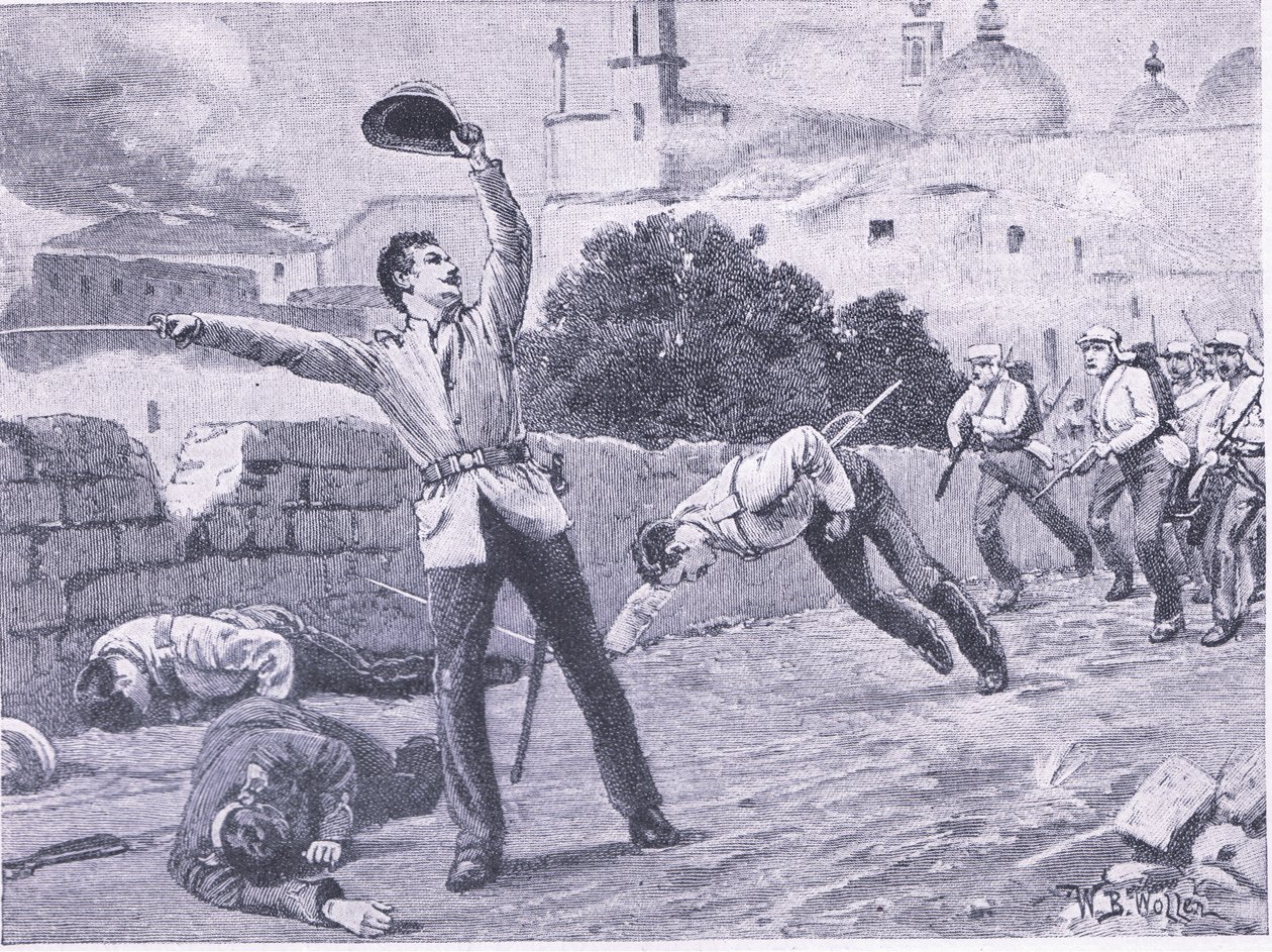 Carrying the Charbagu Bridge, Lucknow 25. září 1857, ilustrace z britských bitev na souši a na moři, 1915 od William Barnes Wollen